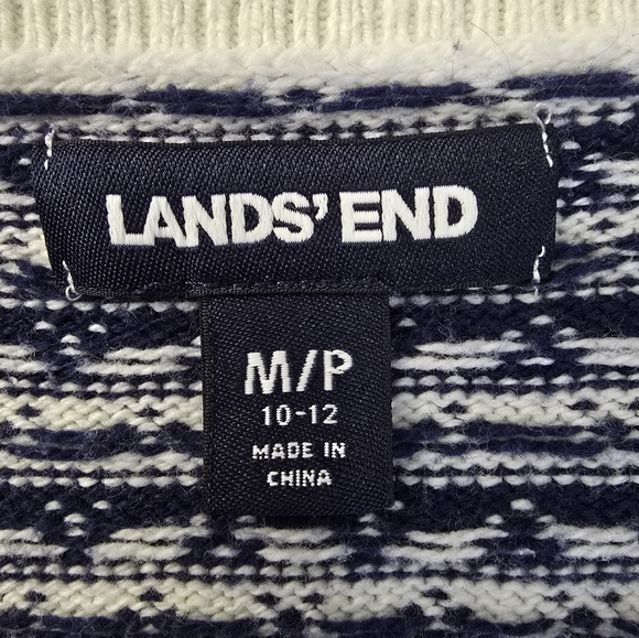 Lands' End Fair Isle Sweater Open Cardigan Navy Ivory Nordic Print Cabincore M - Picture 3 of 13